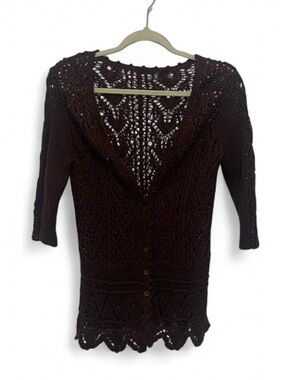 Vintage Dark Brown Crochet Openwork Cardigan Sweater